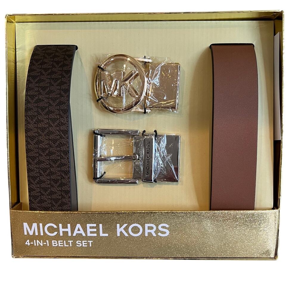 Michael Kors 4 in 1 Faux Leather Belt Set Brown Gold Silver
